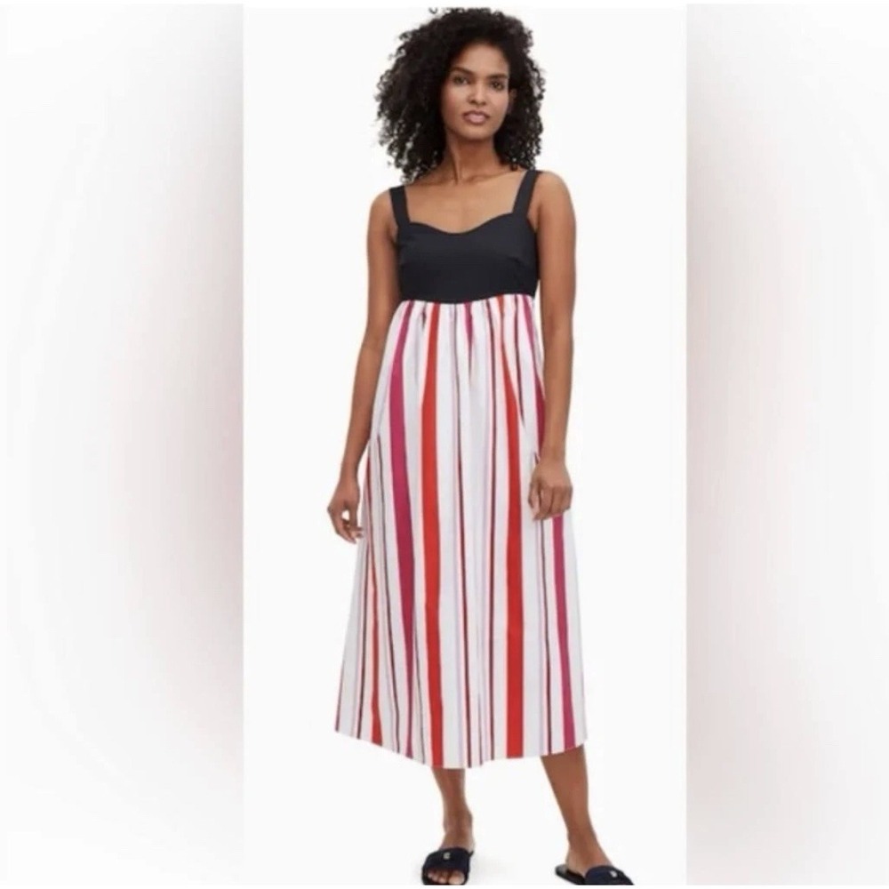 Kate Spade Gardenside Midi Striped Dress Size Medium Preppy Bow Boho